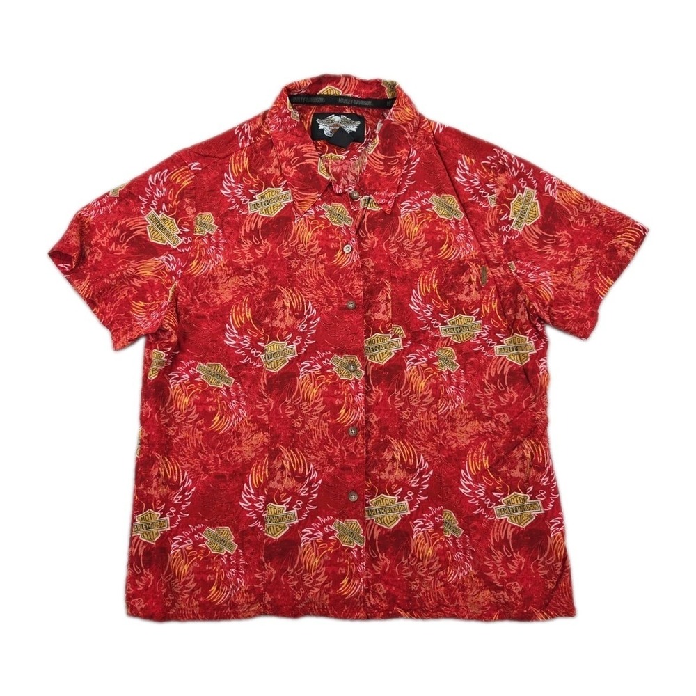 Harley Davidson Shirt Mens Large Red Rayon Hawaiian Aloha Camp Button Front SS